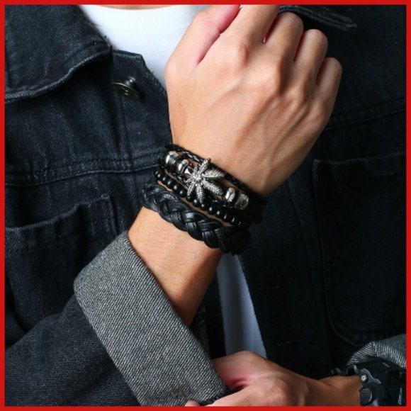 3 PC SET SILVER AND GUN METAL LEAF HANDMADE ADJUSTABLE WRISTBAND BLACK NWT - Picture 2 of 5